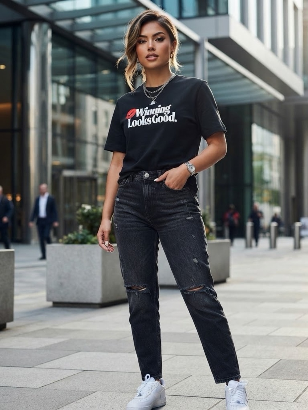 NWT Nike "Winning Looks Good" Black Graphic Tee T-Shirt Lipstick Kiss Swoosh